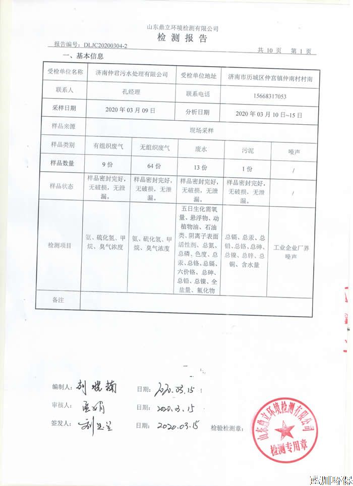 公示：仲君污水處理廠3月份檢測報告